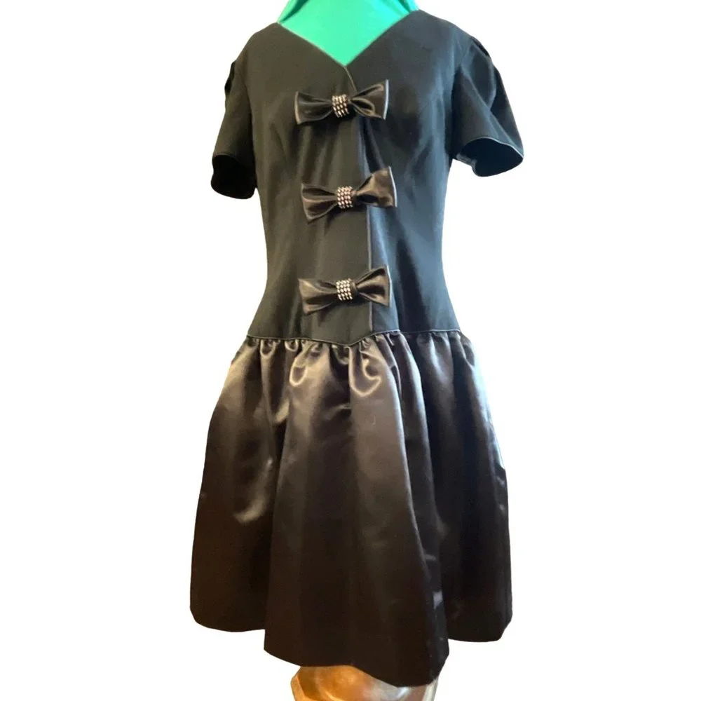 Morton Myles Gorgeous Black Vintage Dress Bows Rhinestones Size 10 Short Sleeve - Picture 1 of 14